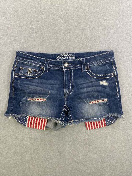 Paisley Sky Pants - Paisley Sky Denim Shorts with American Flag Patch and Rhinestone Embellishments